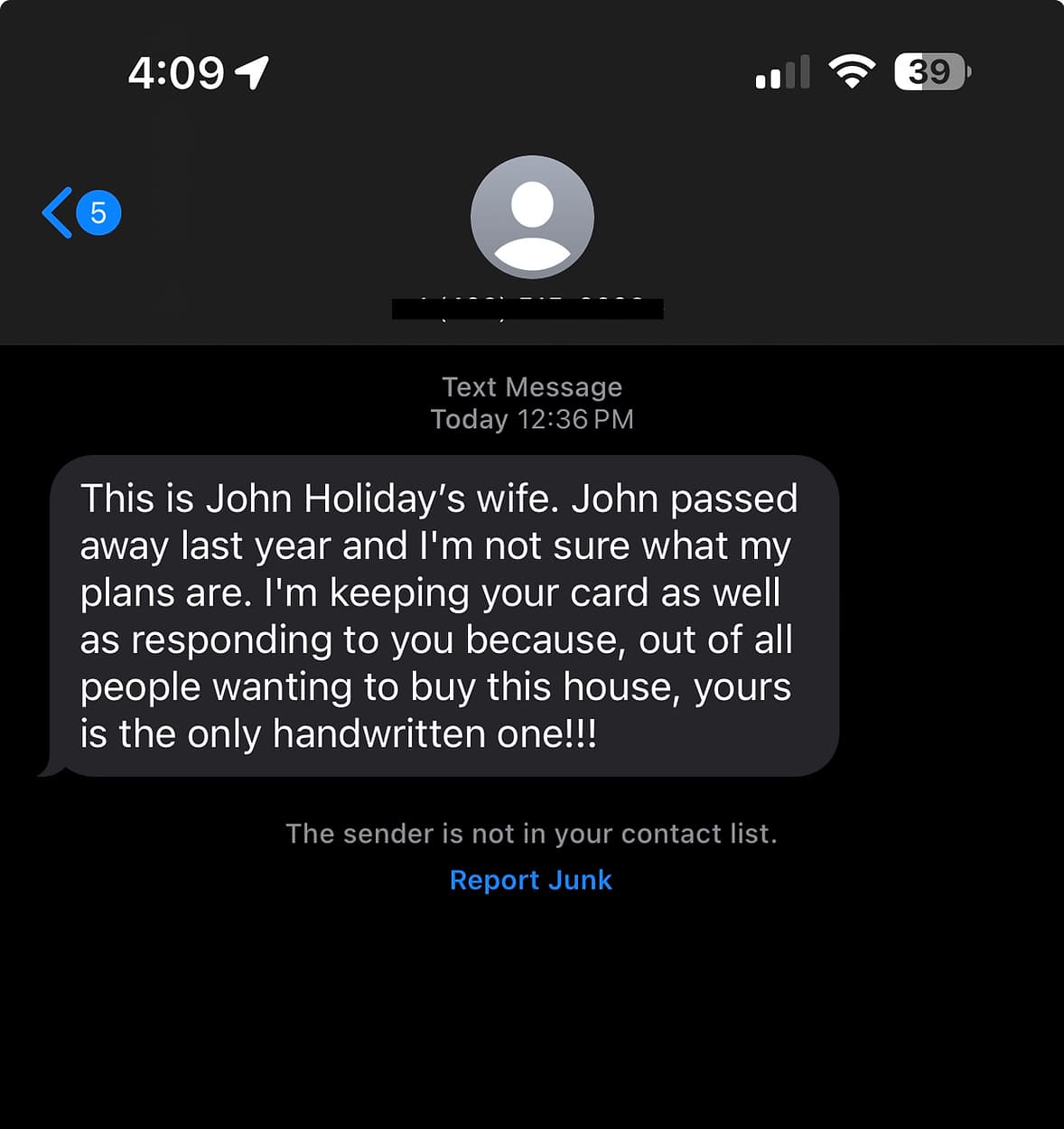 Seller text: 'yours is the only handwritten one' — out of all people wanting to buy this house